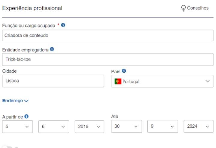 5. Insira a sua Experiência Profissional
