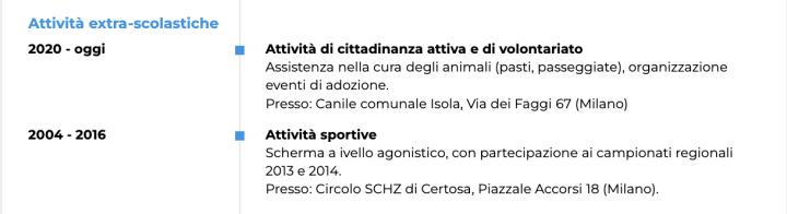 Esempio di CV per studente, in cui la sezione hobby e interessi ha ampio spazio.