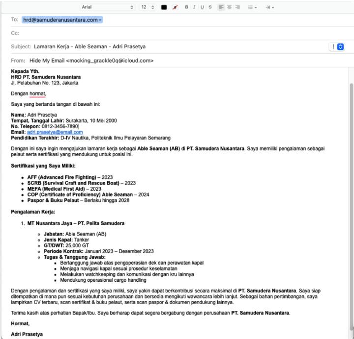 Contoh Surat Lamaran Kerja Pelaut via Email