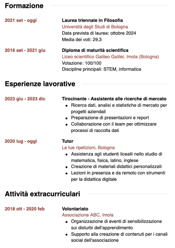 L’importante, in ogni caso, è formattare i contenuti in modo da renderli scorrevoli e leggibili a colpo d’occhio, come in questo esempio di CV, sempre realizzato con Jobseeker, che include anche hobby, interessi e attività extracurricolari: