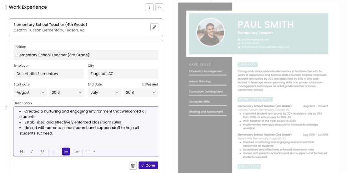 Commencez par inclure les informations adaptées à votre CV.
