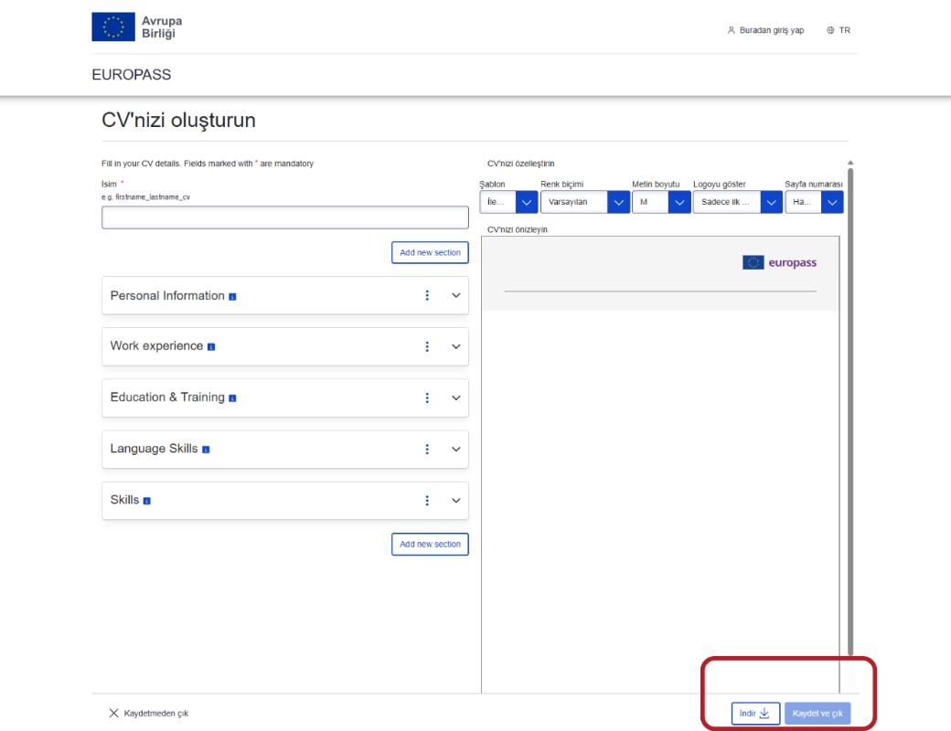 Europass CV oluşturma süreci adım 8