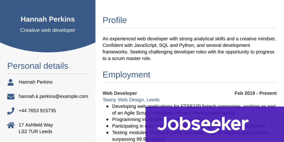 Web Developer CV Example | Jobseeker