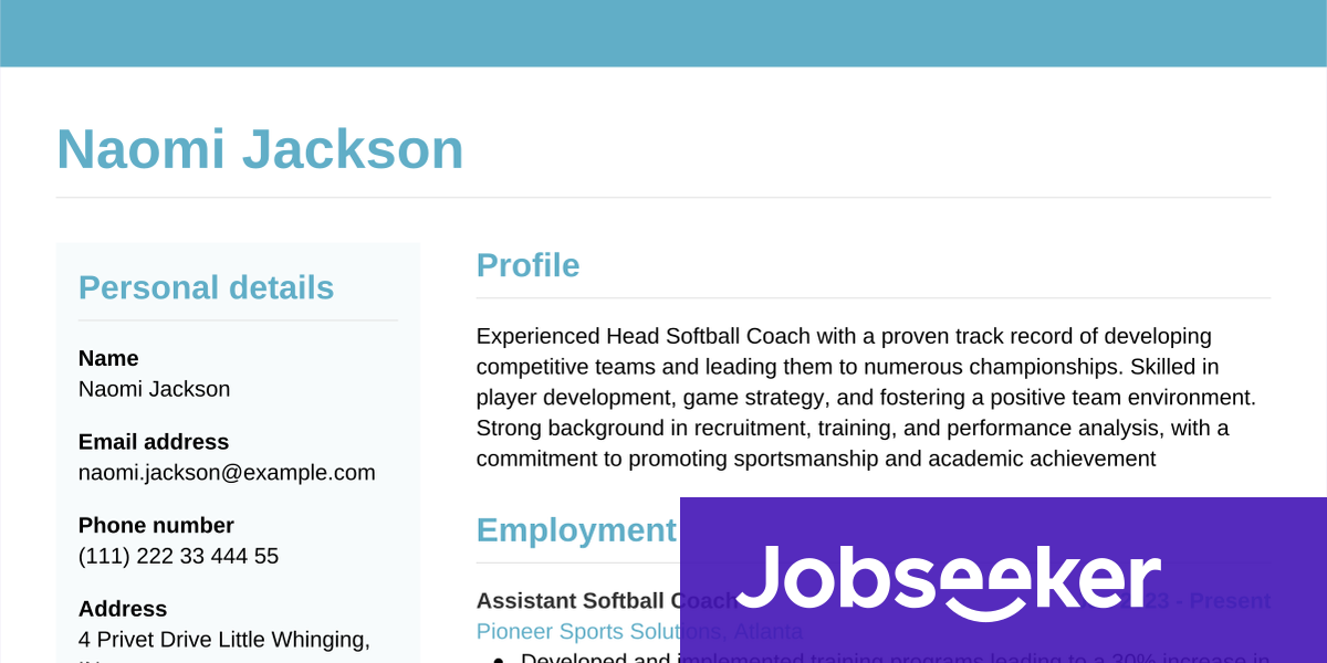 Softball Coach Bio Example Softball Coach Resume Example & Writing Guide | Jobseeker