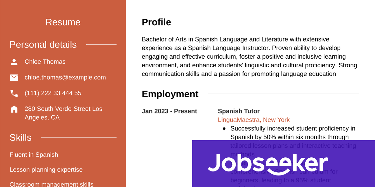 Spanish Teacher Resume Example | Jobseeker